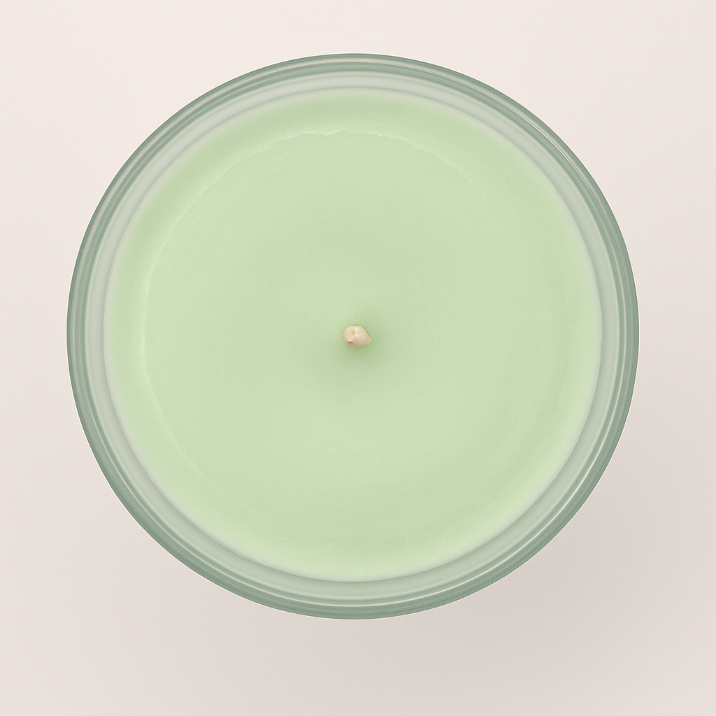 Green candle in a glass jar viewed from top